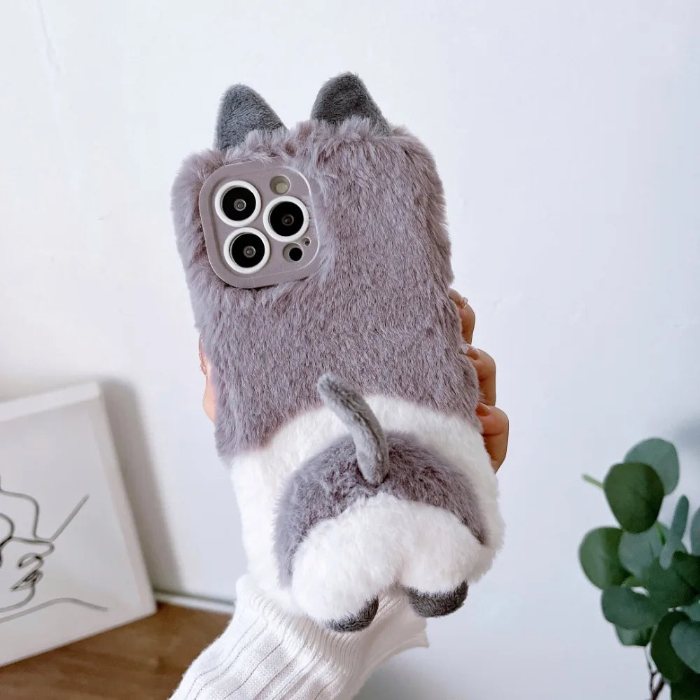 Plush Animal butt  Phone Case for IPhone16 15 14 13 11 12 Pro Max Cute Shockproof Furry Warm Fur Anti-drop protective Back Cover
