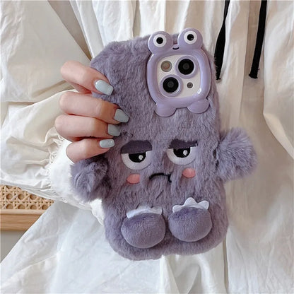 3D Cute Cartoon Funny Phone Case For iPhone 16 15 Plus 14 13 12 11 Pro Max Warm Winter Fluffy Plush Soft Bumper Protection Cover
