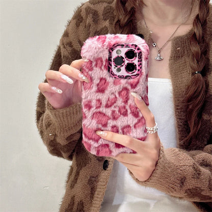 Fashion Leopard Fluffy Fur Case For iPhone 16 Pro Max 15 Plus 14 13 Kickstand Camera Lens Protection Frame Funda 16 Plus