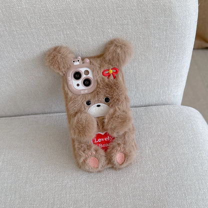 Cartoon Cute Flower Bear Plush Phone Case Couple's Autumn Winter Warm Phone Accessories for iPhone 16 15 Pro Max