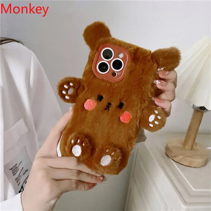 Cute Bear Soft Fluffy Plush Phone Cases For iPhone 16 Pro Max 15 14 13 12 11 X XS XR 7 8 Plus Autumn And Winter Shockproof Cover