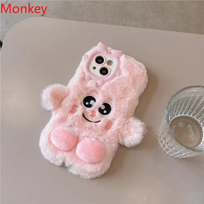 3D Cute Cartoon Funny Phone Case For iPhone 16 15 Plus 14 13 12 11 Pro Max Warm Winter Fluffy Plush Soft Bumper Protection Cover